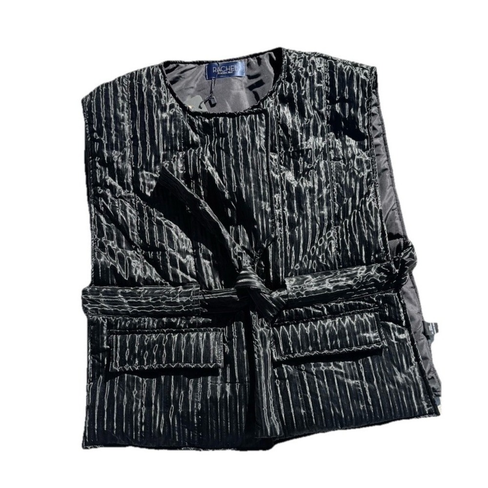Rachel Roy Puffer Vest Black Tie Pockets Vertical Lines Winter Fall One Size NWT